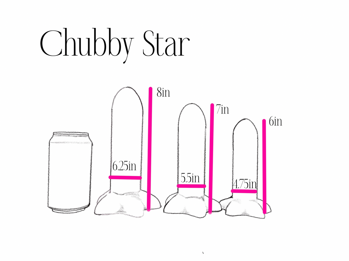 Measurement chart for 'Chubby Star' products with a can for scale on a white background.