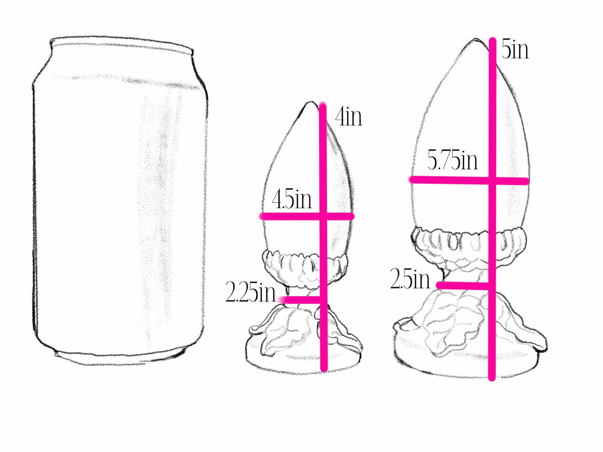 Measurement chart comparing a can and two sizes of Mighty Acorn Plugs with dimensions in inches.